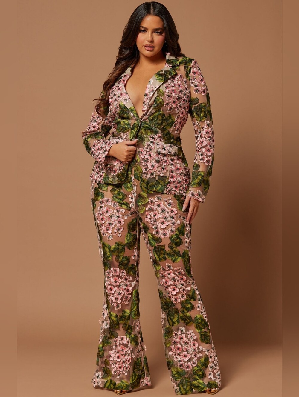 Fashion Nova Pink & Green Floral Lace Blazer